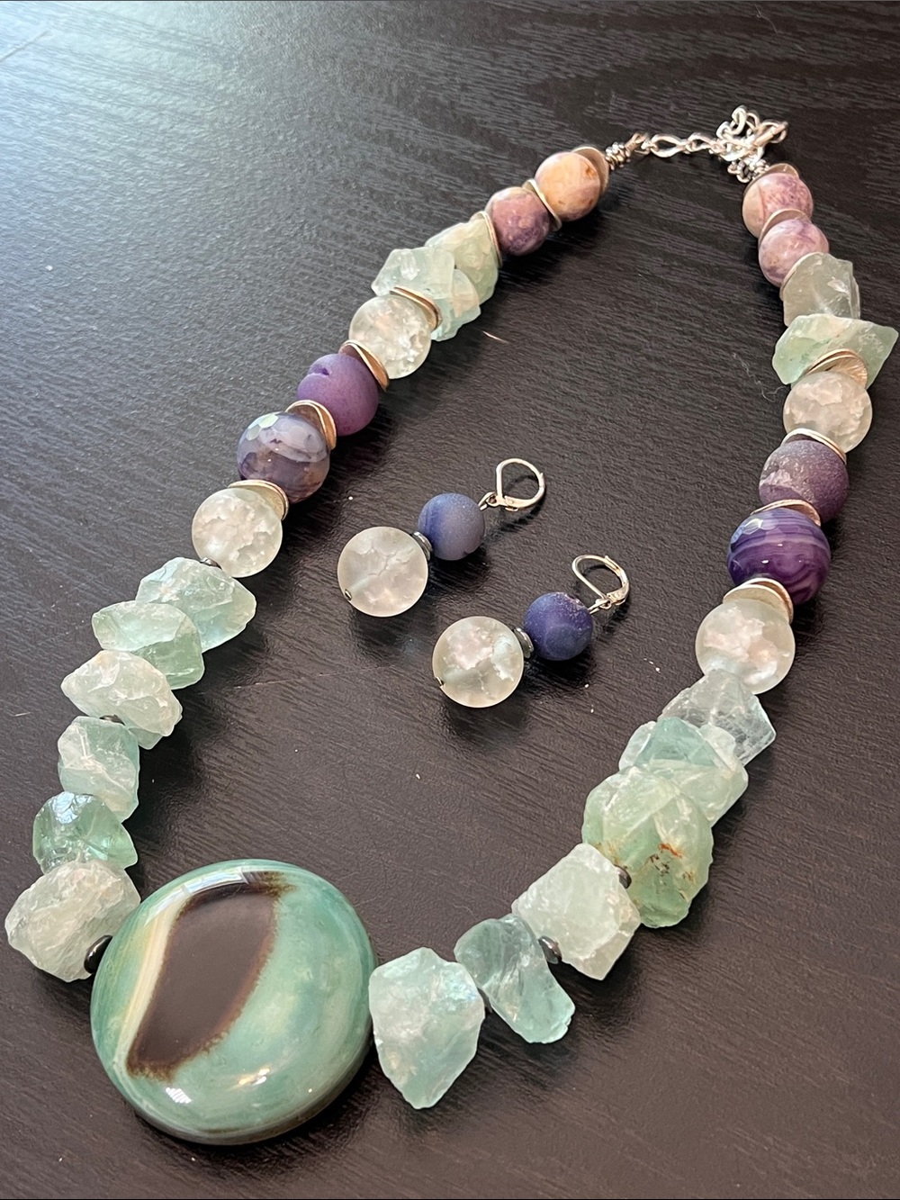 Artisan Chunky Green Fluorite & Purple Agate Statement Necklace & Earring Set